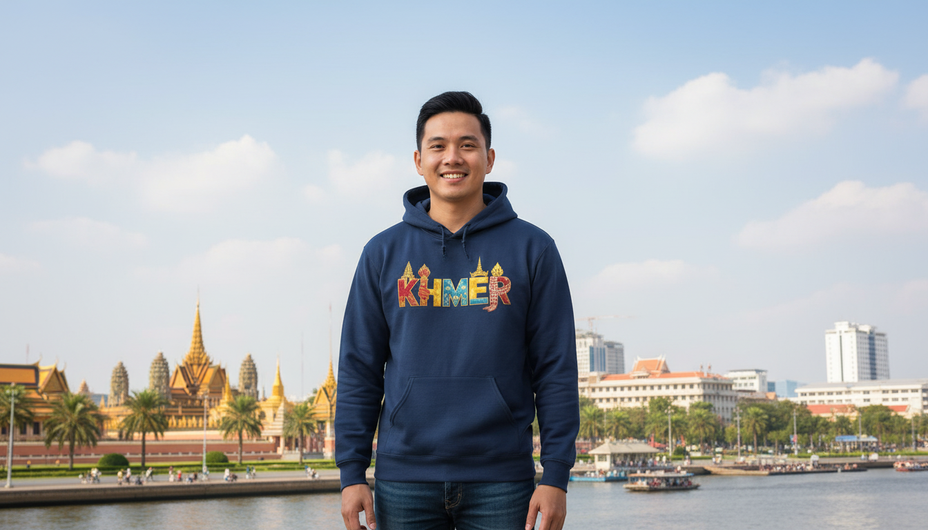 Person wearing a hoodie with 'KHMER' text standing by a river with a cityscape in the background