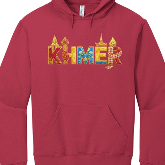 Red hoodie with 'KHMER' text in colorful letters on a white background