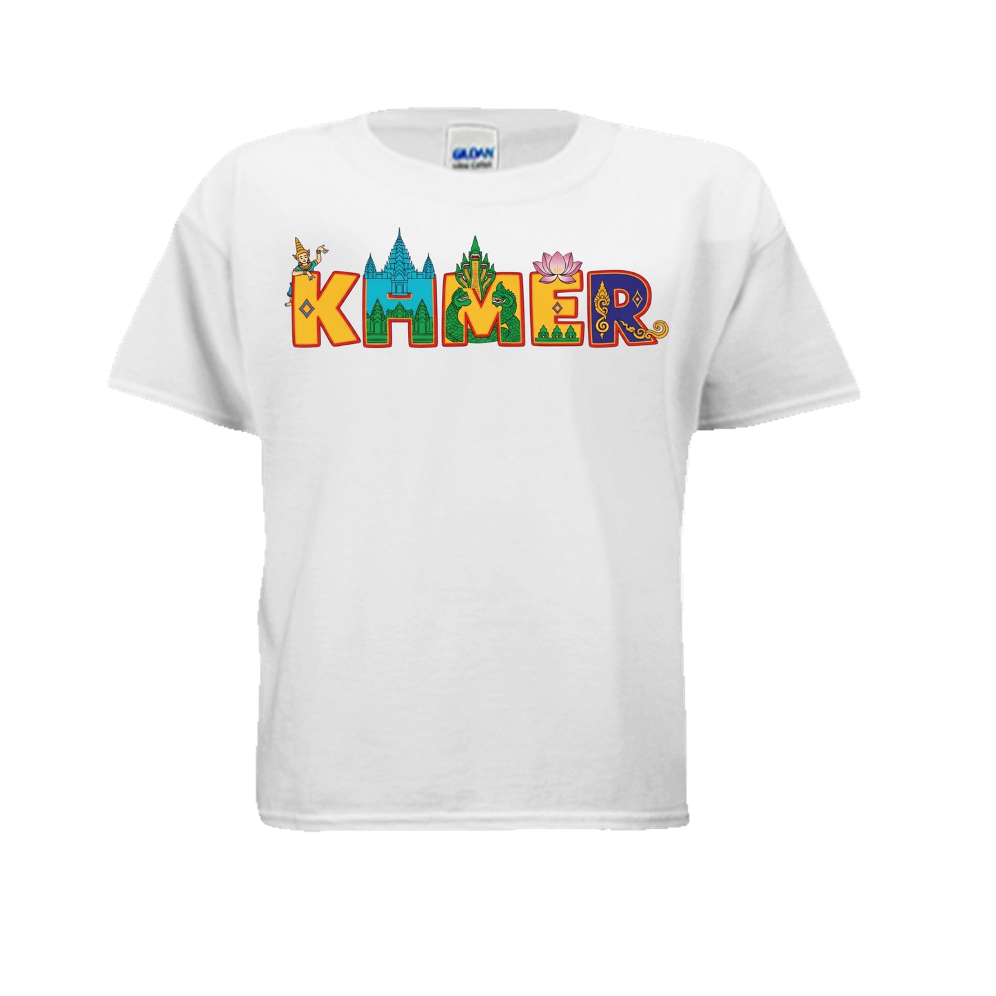 White t-shirt with colorful 'KAMER' text design on a white background