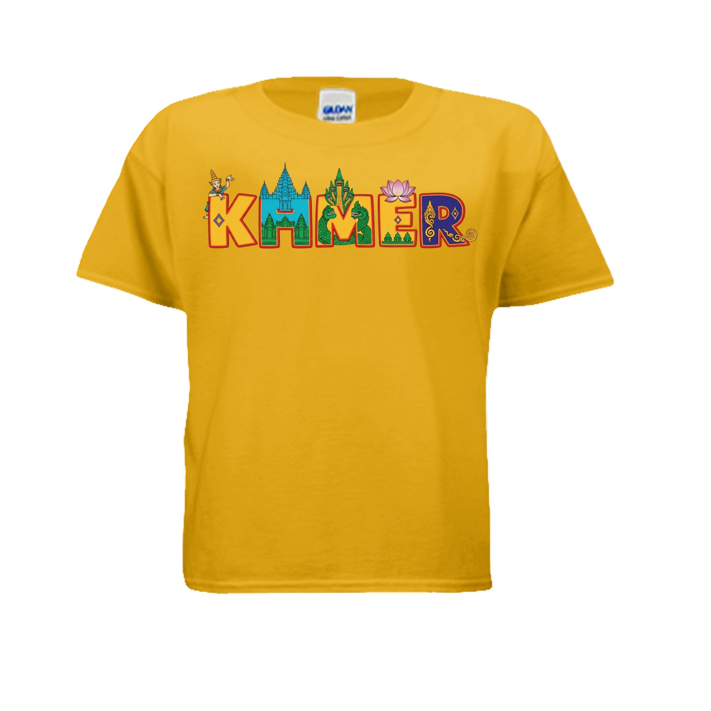Yellow t-shirt with colorful 'Kamer' design on a white background