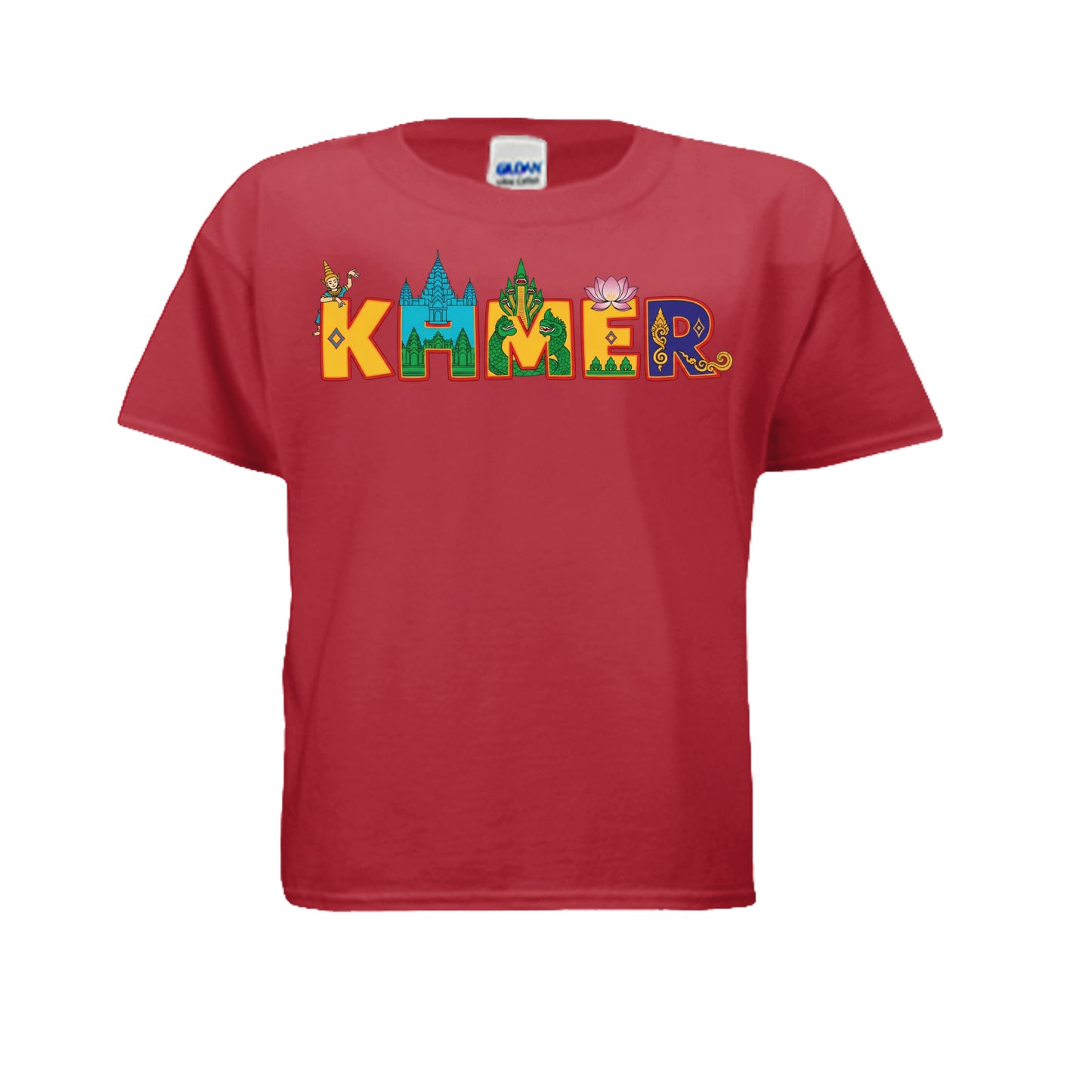 Red t-shirt with colorful 'Kimmer' design on a white background