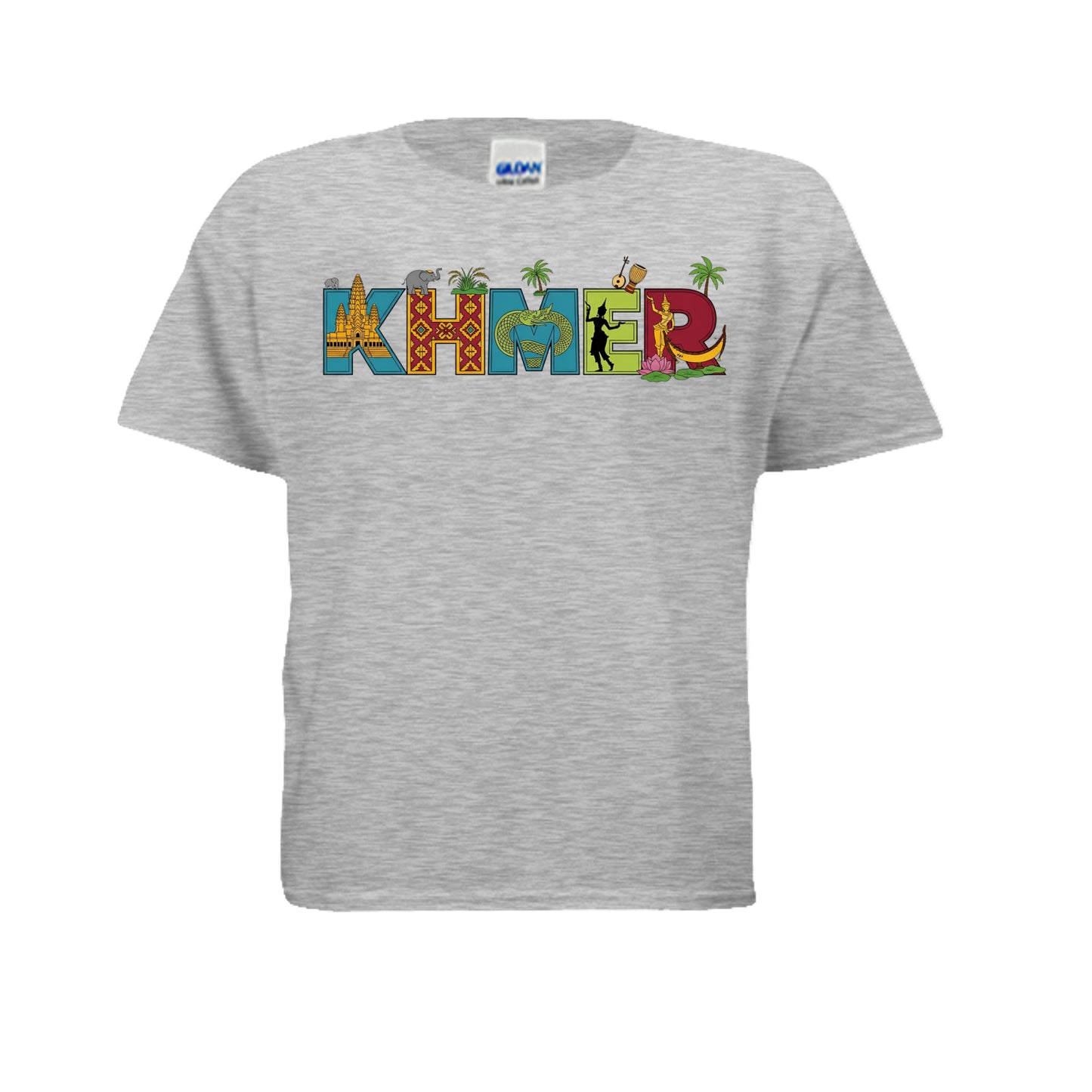 Gray t-shirt with 'KHMER' text in colorful letters on a white background