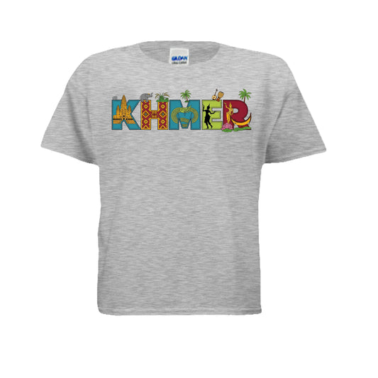 Gray t-shirt with 'KHMER' text in colorful letters on a white background