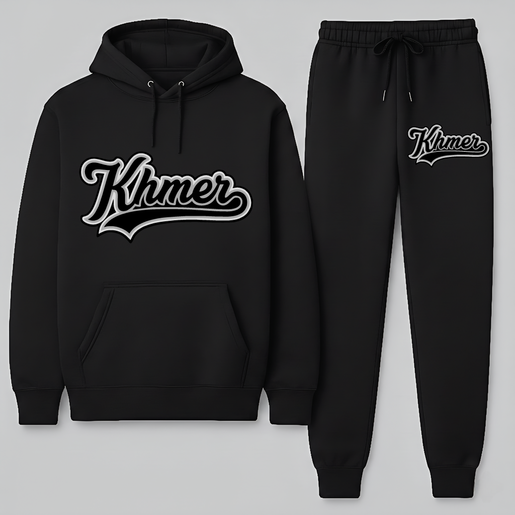 Black hoodie and jogger pants set with 'Khmer' logo on a light gray background