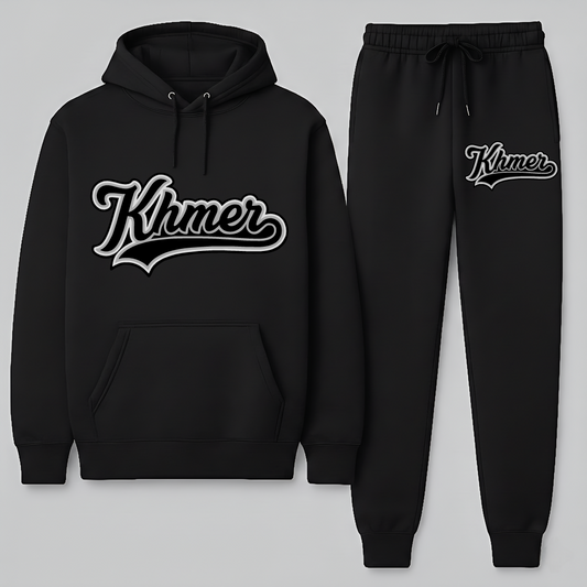 Black hoodie and jogger pants set with 'Khmer' logo on a light gray background