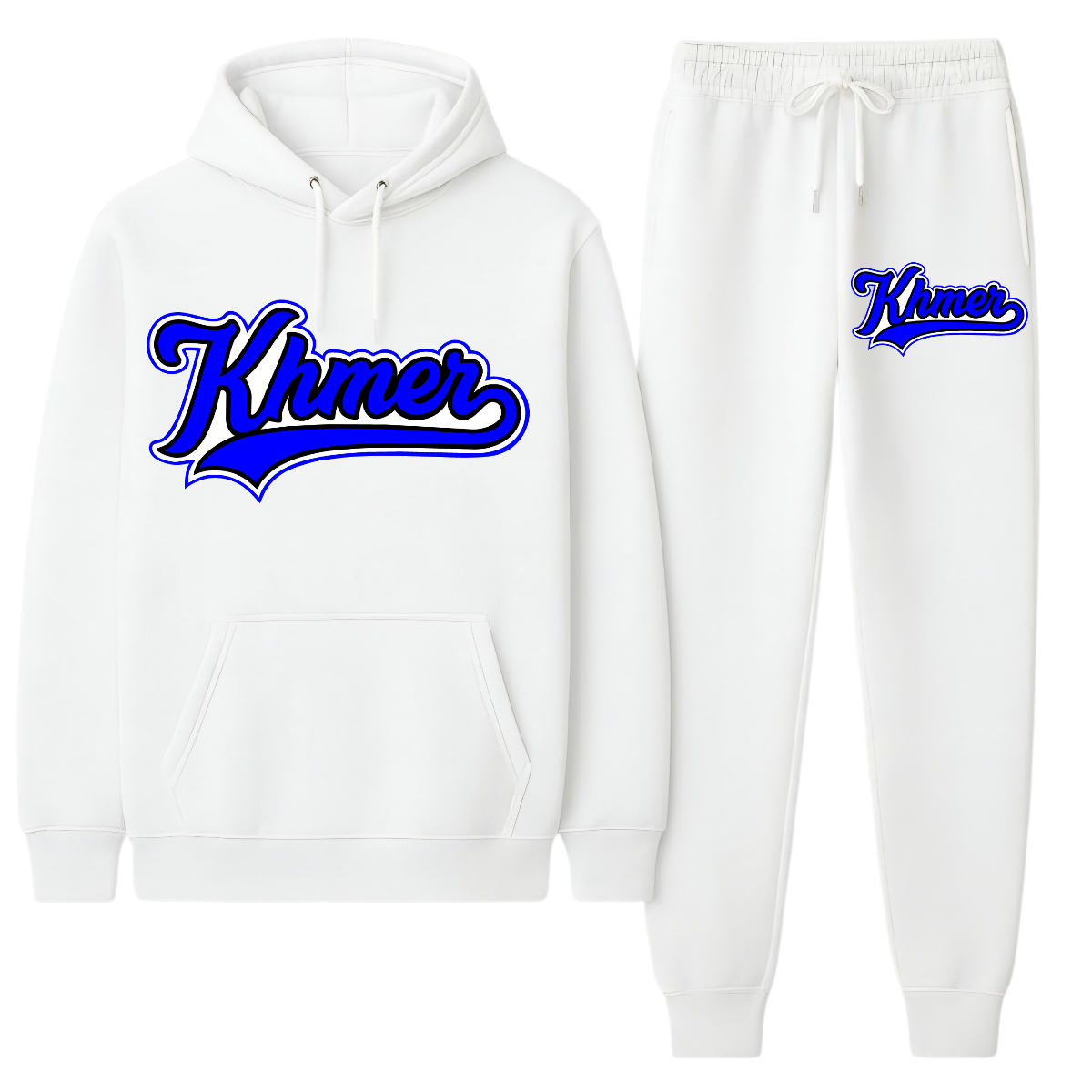 White hoodie and sweatpants set with 'Khmer' text in blue on a white background