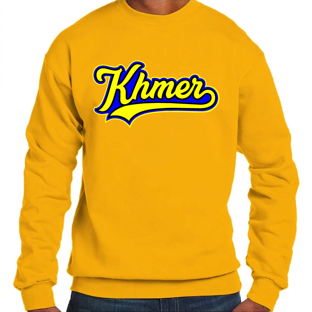 Yellow sweatshirt with 'Khmer' text in blue and yellow on a white background