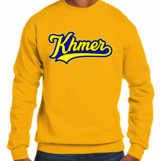 Yellow sweatshirt with 'Khmer' text in blue and yellow on a white background