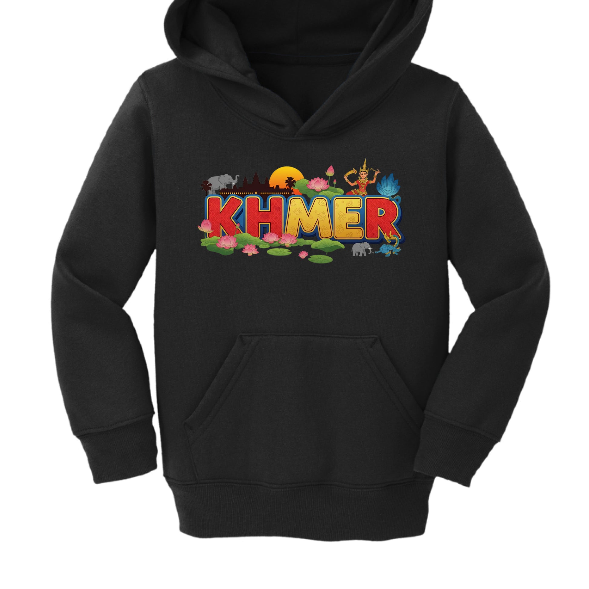 Black hoodie with colorful 'KHMER' design on a white background