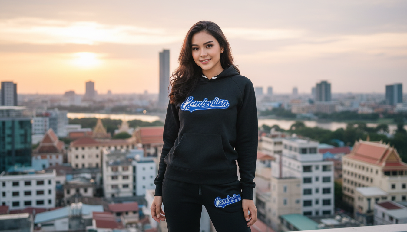 Woman wearing a black hoodie with a logo, standing against a cityscape background during sunset.