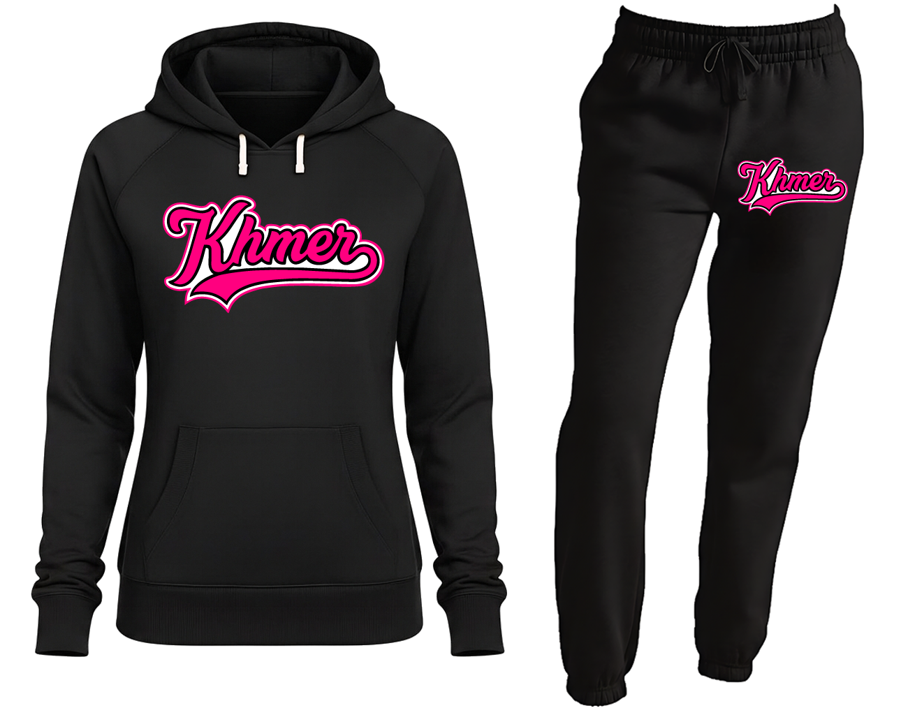 Black hoodie and black pants with pink 'Khmer' text on a white background