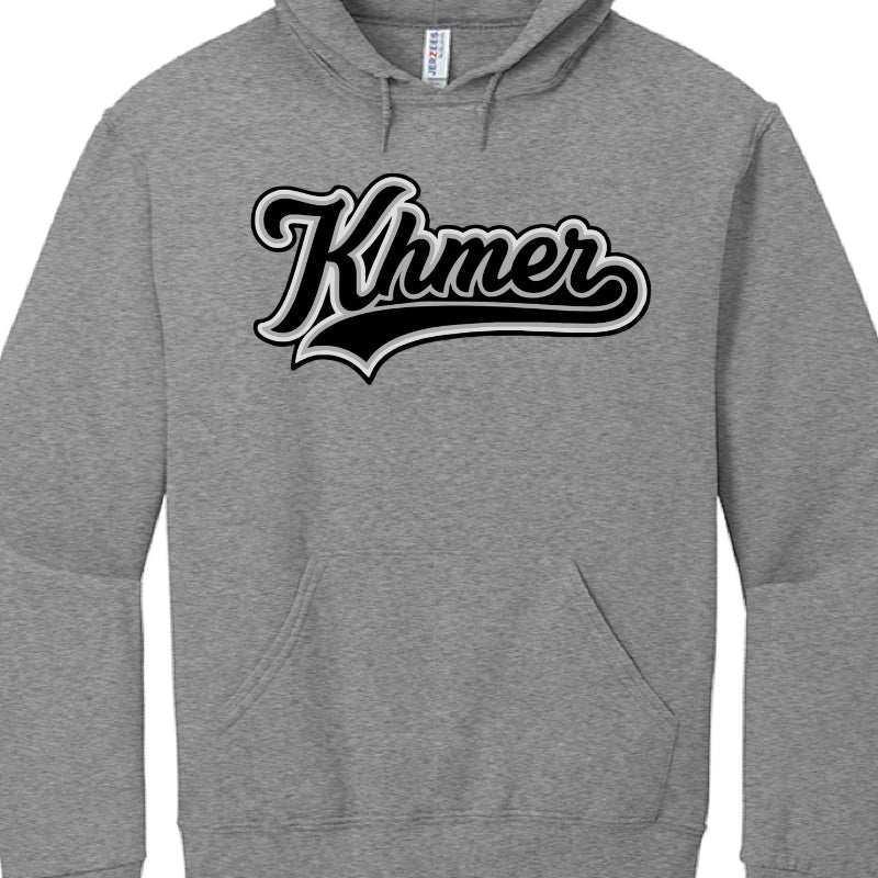 Gray hoodie with 'Khmer' text in black on a white background