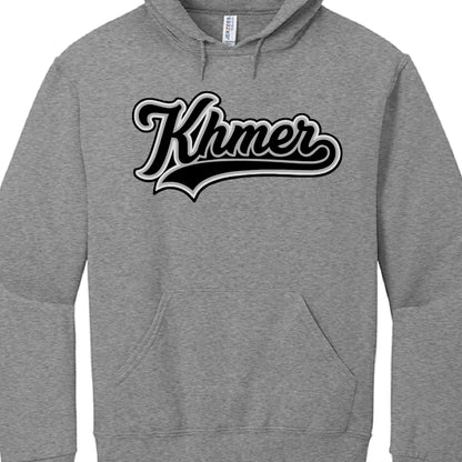 Gray hoodie with 'Khmer' text in black on a white background