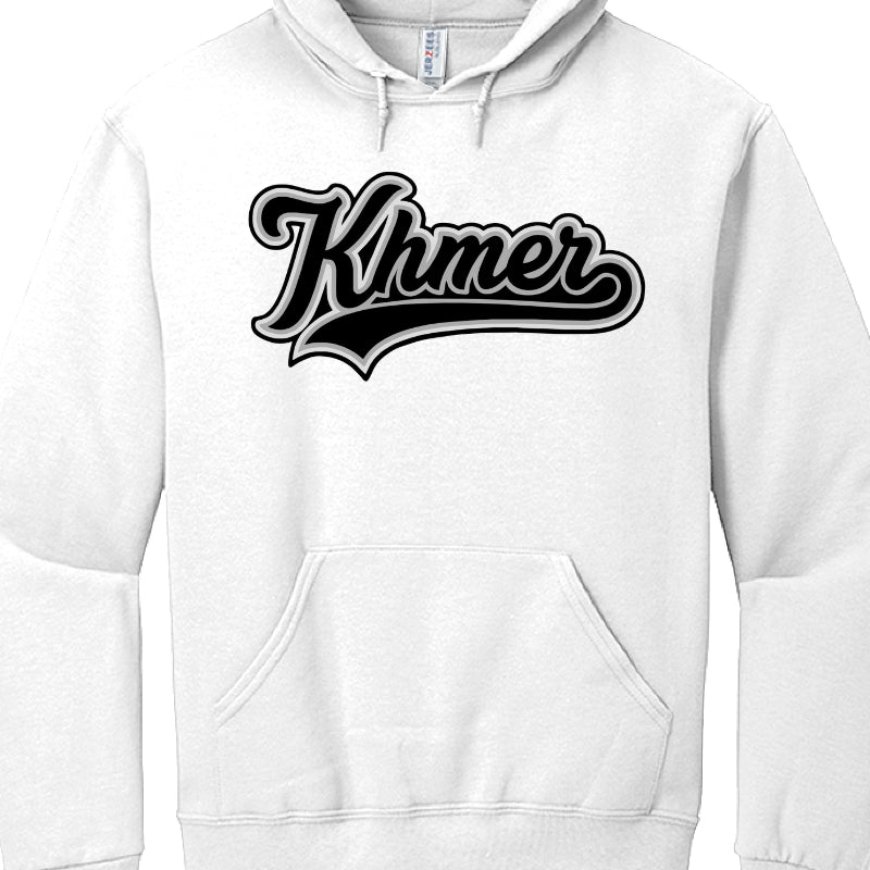 White hoodie with 'Khmer' text in black on a white background