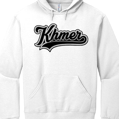 White hoodie with 'Khmer' text in black on a white background
