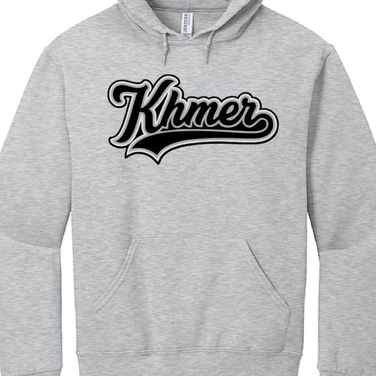 These designs focus on the words "Cambodian" or "Khmer" in distinct font styles:

Script Series: Features "Cambodian" in a stylized cursive font. Color combinations include heather gray with black, black with vibrant blue, pink, red, or yellow, and dark red with white.

Khmer Script: A heather gray hoodie featuring "Khmer" in a bold, layered black-and-white script.

Arch Logo Series: Features "CAMBODIAN" in bold, arched block letters across a variety of colored hoodies:

Orange with blue letters.

Royal Blu