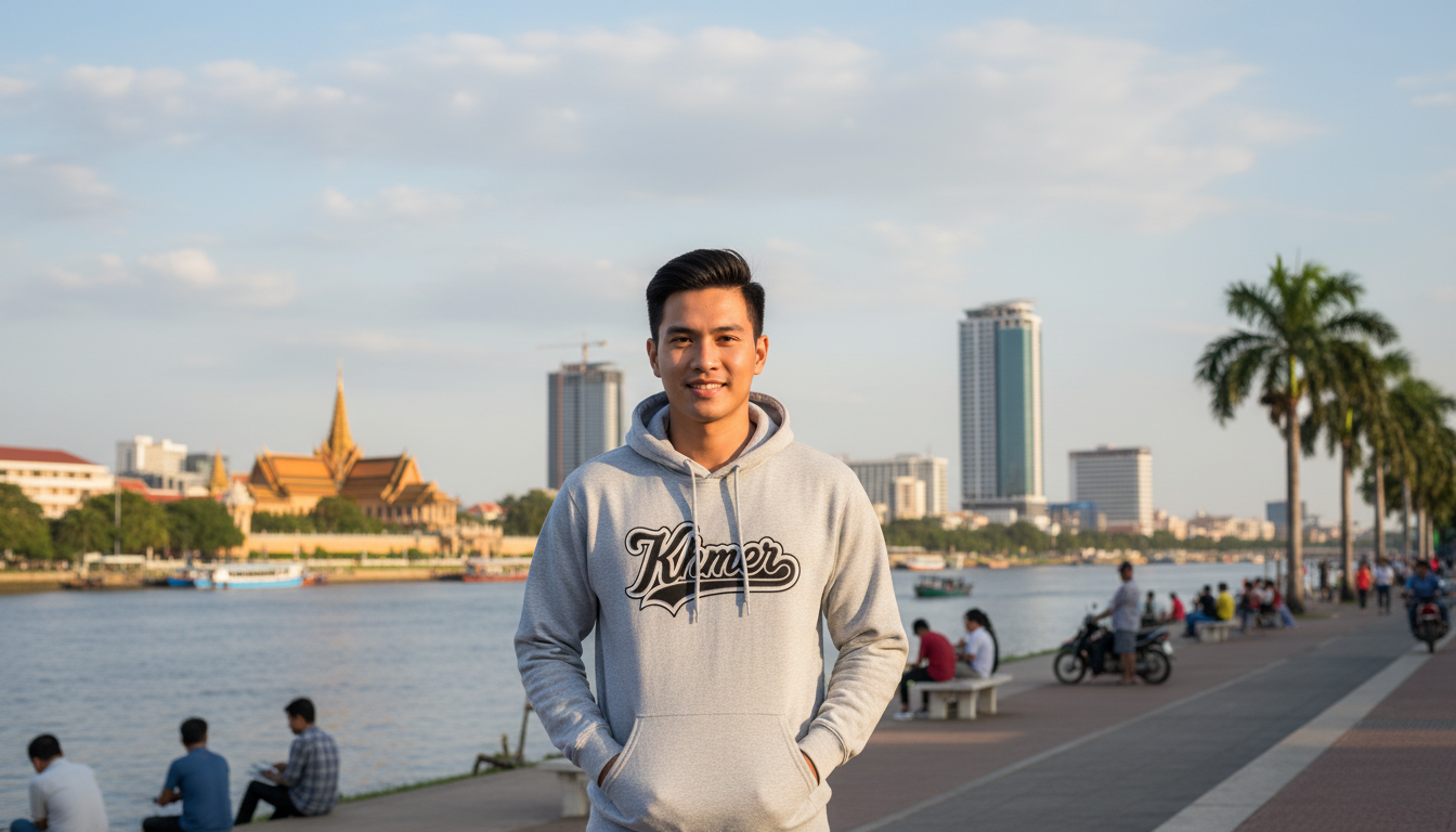 Person wearing a hoodie with a cityscape in the background
