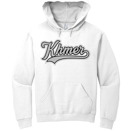 White hoodie with 'Khmer' text on a white background