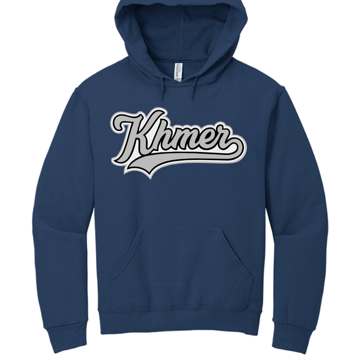 Navy blue hoodie with 'Khmer' text on a white background