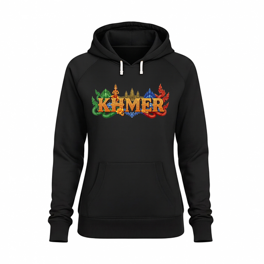Black hoodie with colorful 'Khamer' design on a white background