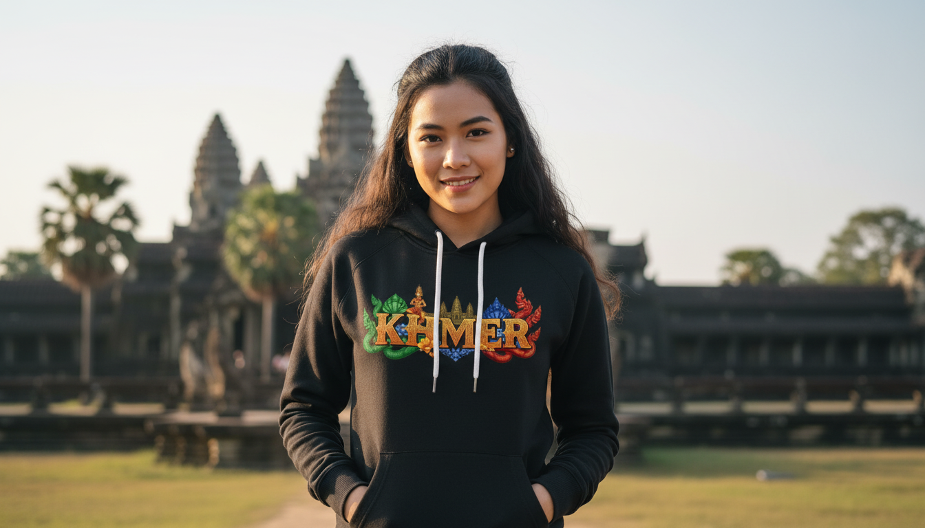 Person wearing a hoodie with 'Kmer' text in front of Angkor Wat.