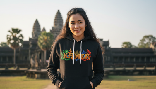 Person wearing a hoodie with 'Kmer' text in front of Angkor Wat.