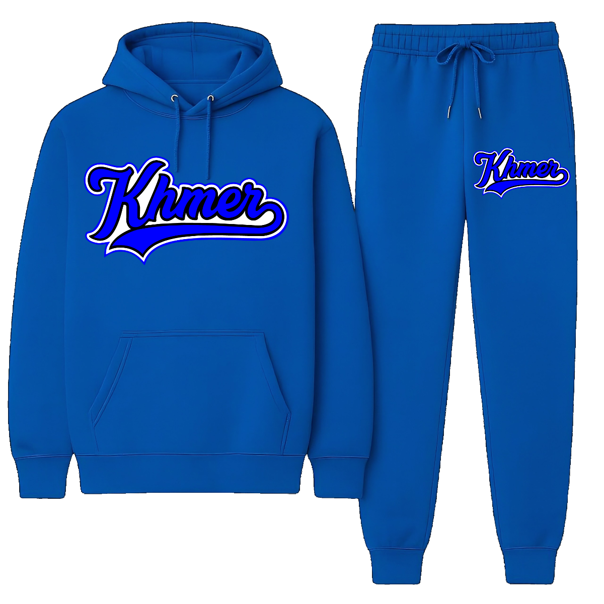 Blue hoodie and sweatpants set with 'Khmer' text on a white background