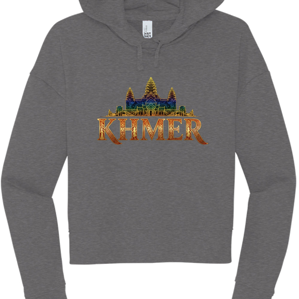 Gray hoodie with 'Khmer' and temple graphic on a white background