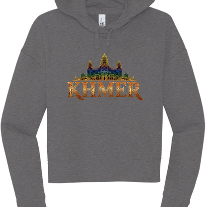 Gray hoodie with 'Khmer' and temple graphic on a white background