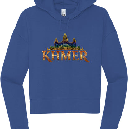 Blue hoodie with 'Khmer' and temple graphic on a white background