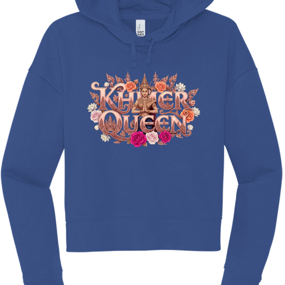 Blue hoodie with 'Khmer Queen' design on a white background