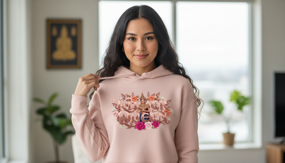 Woman wearing a pink hoodie with a graphic design, standing in a room with plants and a window.