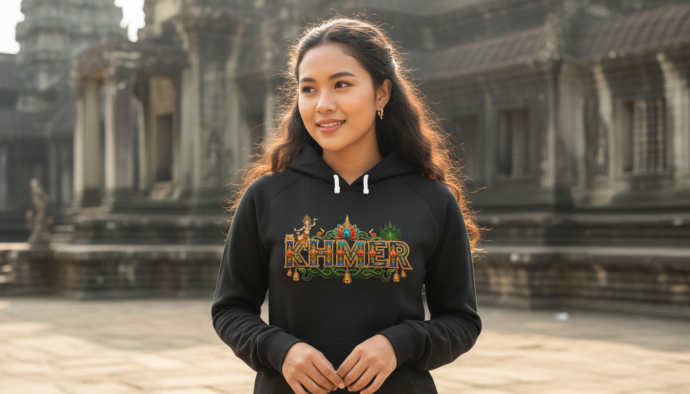 Woman wearing a black hoodie with 'Khmer' text in front of Angkor Wat.