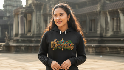 Woman wearing a black hoodie with 'Khmer' text in front of Angkor Wat.
