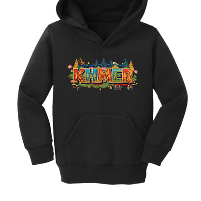 Black hoodie with 'KHMER' text in colorful design on a white background