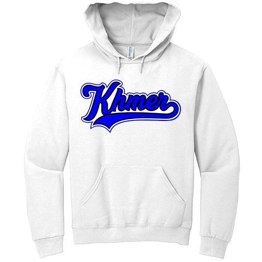 White hoodie with blue text 'Khmer' on a white background