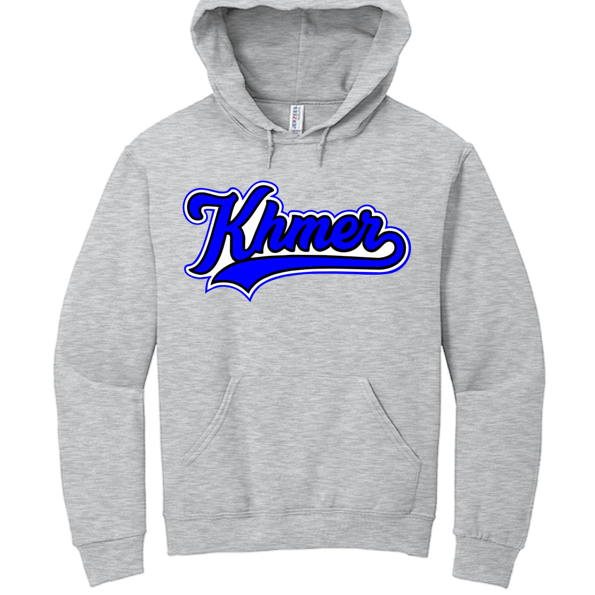 Gray hoodie with 'Khmer' text in blue on a white background