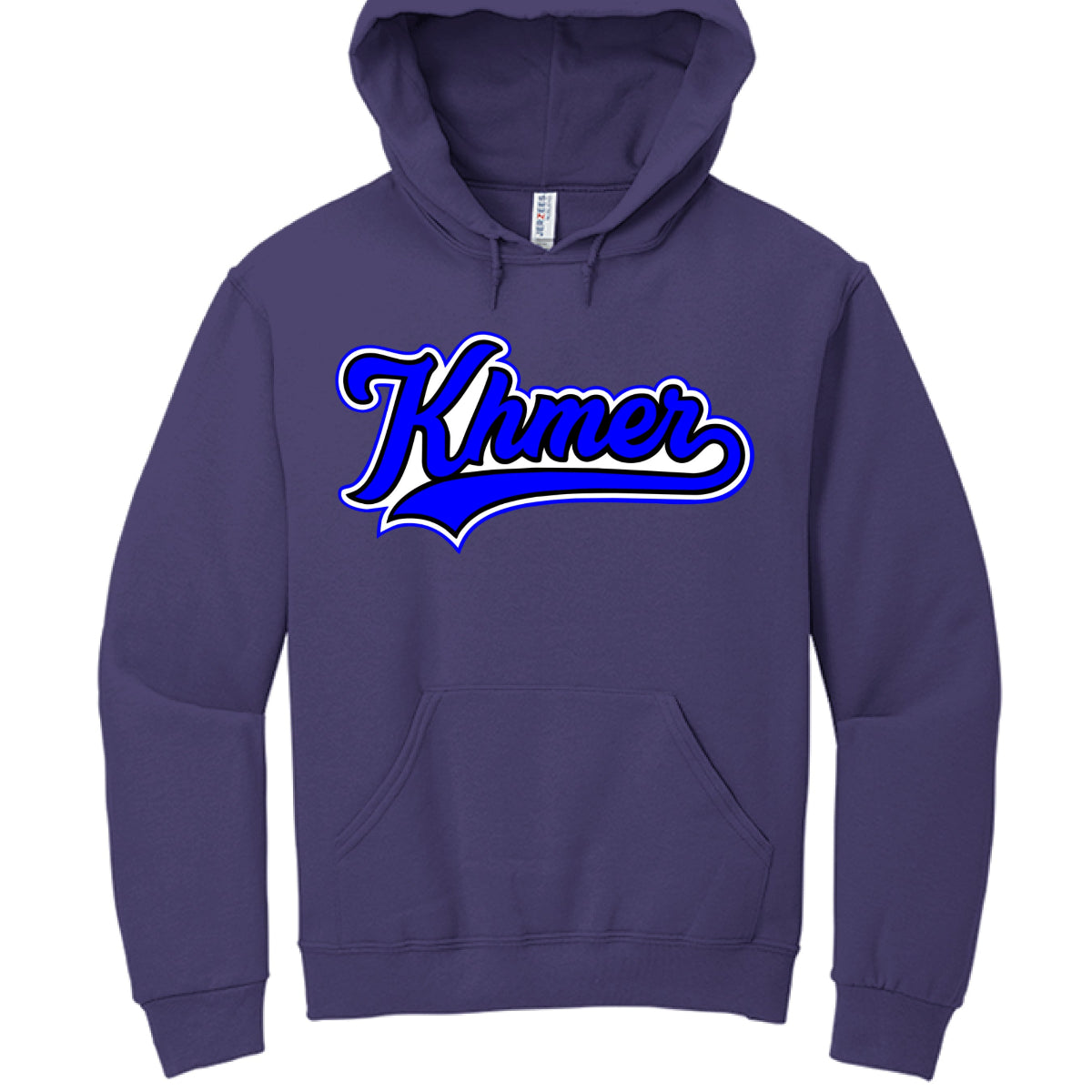 Purple hoodie with 'Khmer' text in blue on a white background
