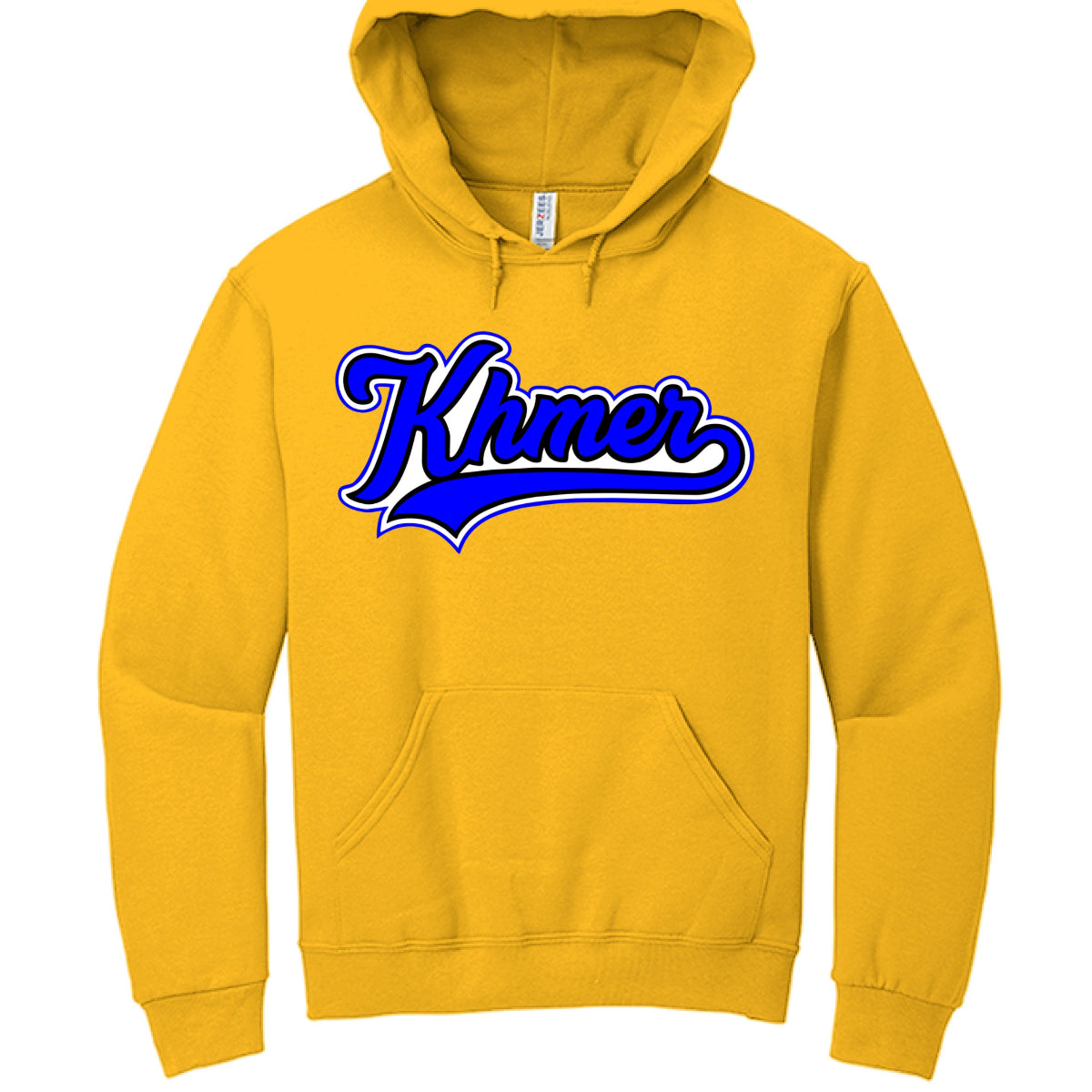Yellow hoodie with blue text on a white background