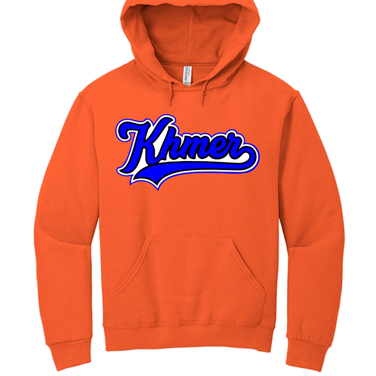 Orange hoodie with 'Khmer' text in blue and white on a white background