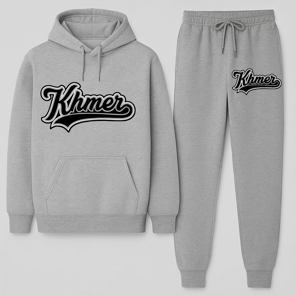 Gray hoodie and jogger set with 'Khmer' text on a white background