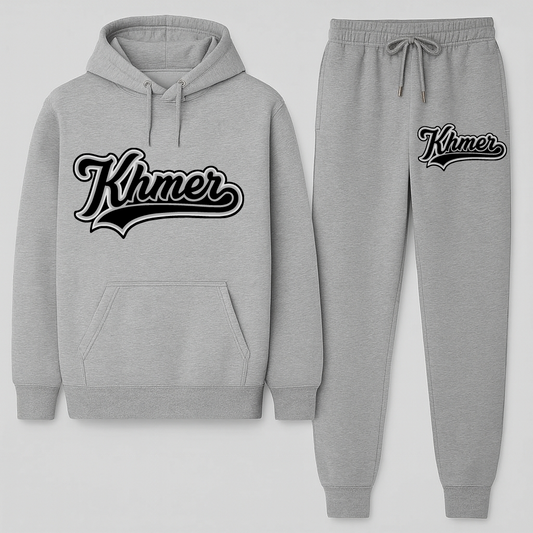 Gray hoodie and jogger set with 'Khmer' text on a white background