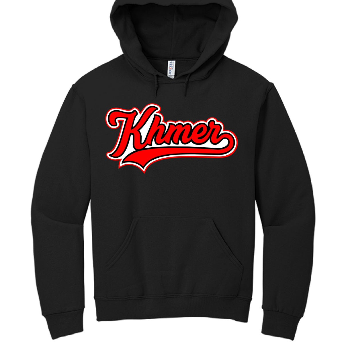 Black hoodie with red and white 'Khmer' text on a white background