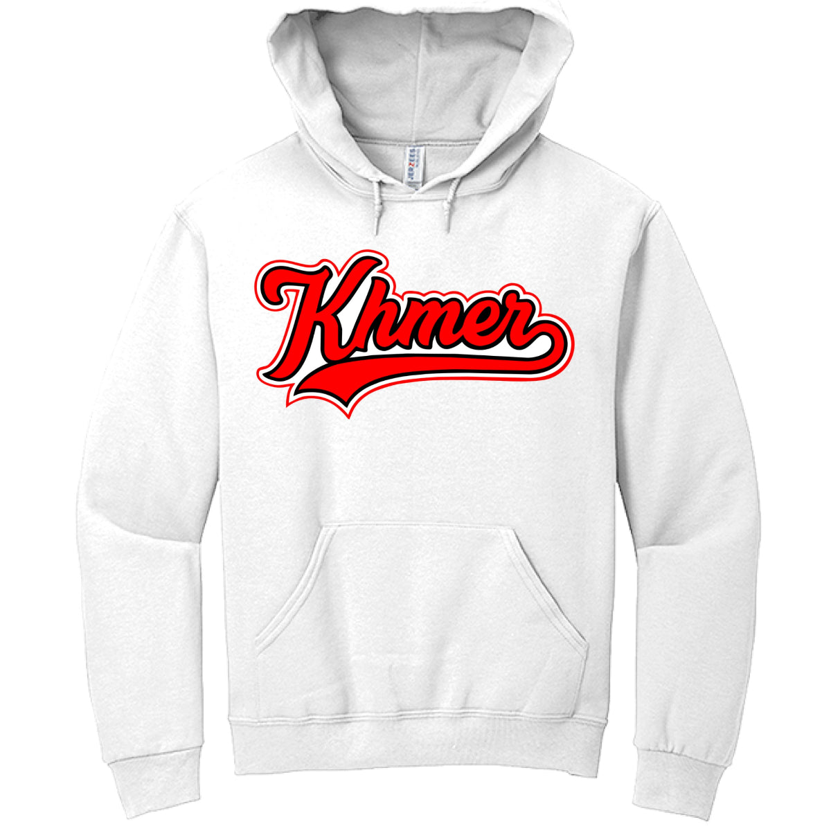 White hoodie with 'Khmer' text in red on a white background