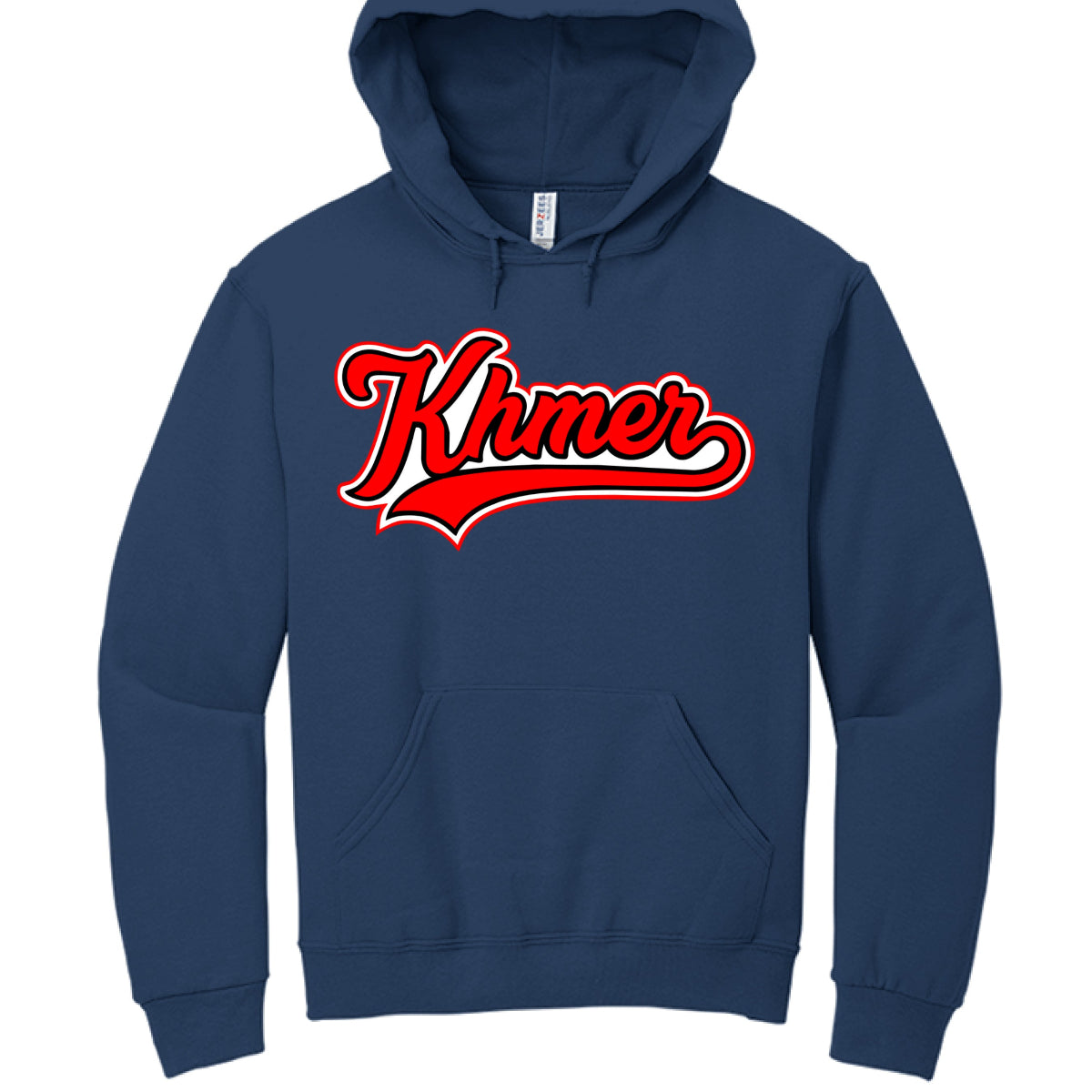 Navy blue hoodie with 'Khmer' text in red and white on a white background