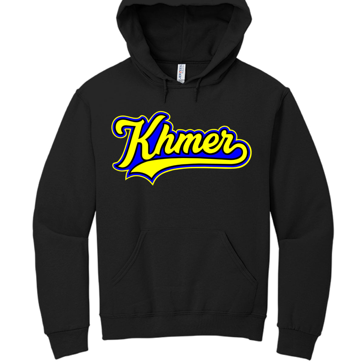 Black hoodie with 'Khmer' text in yellow and blue on a white background