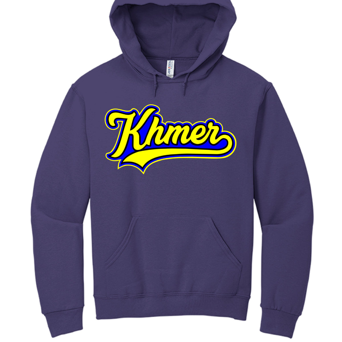 Purple hoodie with 'Khmer' text in yellow and blue on a white background