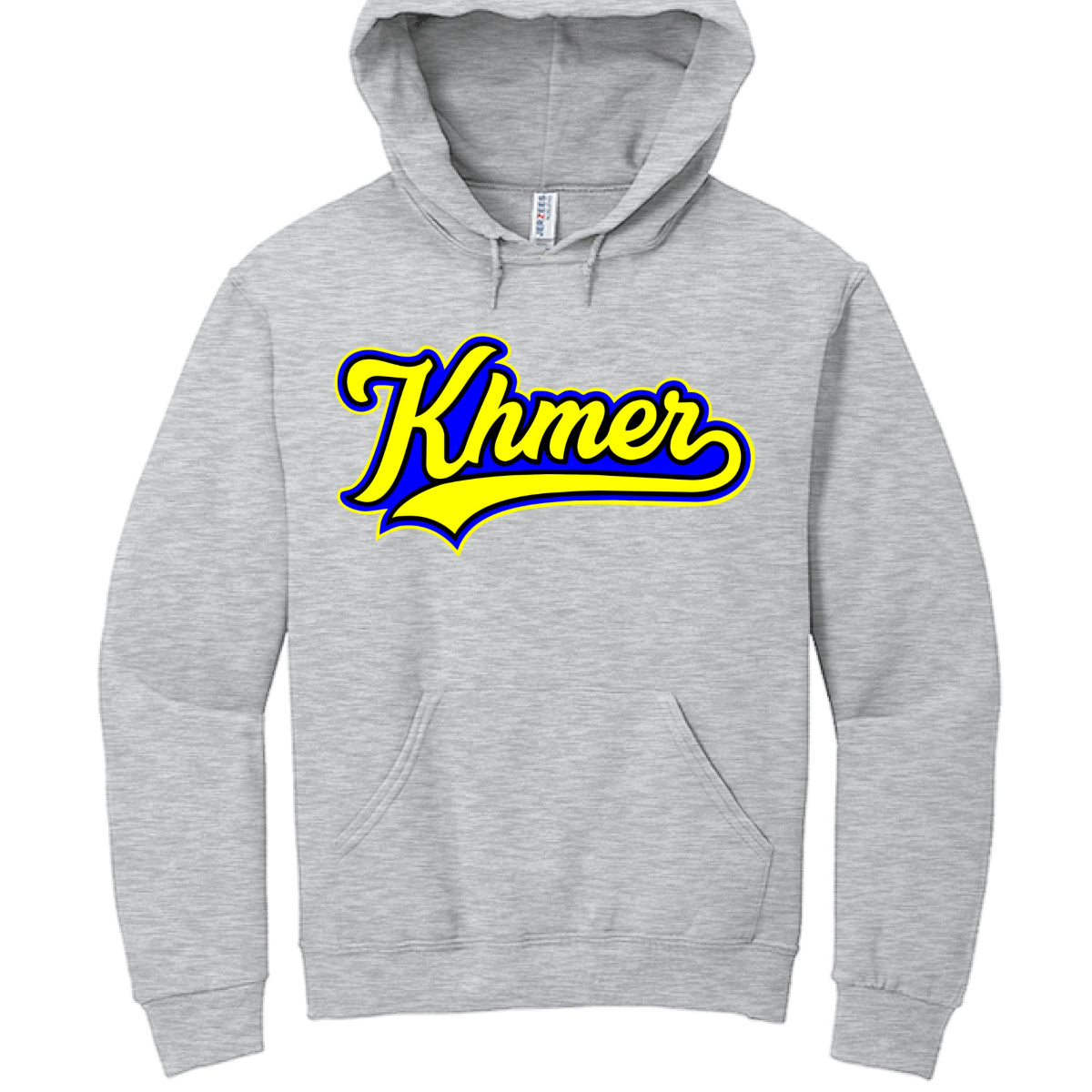 Gray hoodie with 'Khmer' text in yellow and blue on a white background