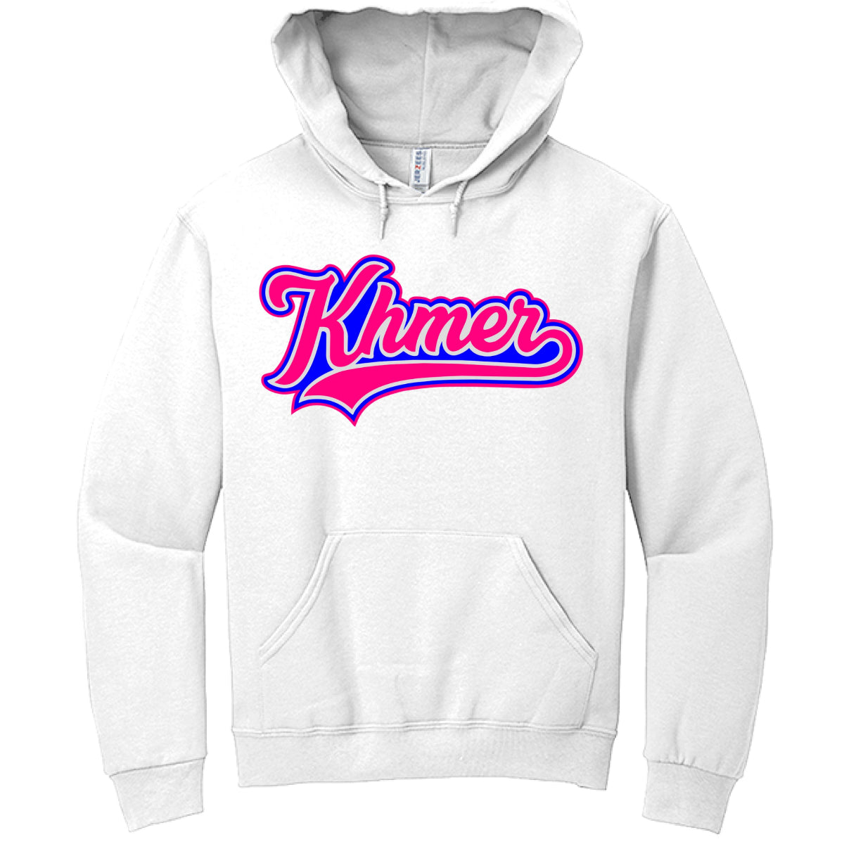 White hoodie with 'Khmer' text in colorful letters on a white background