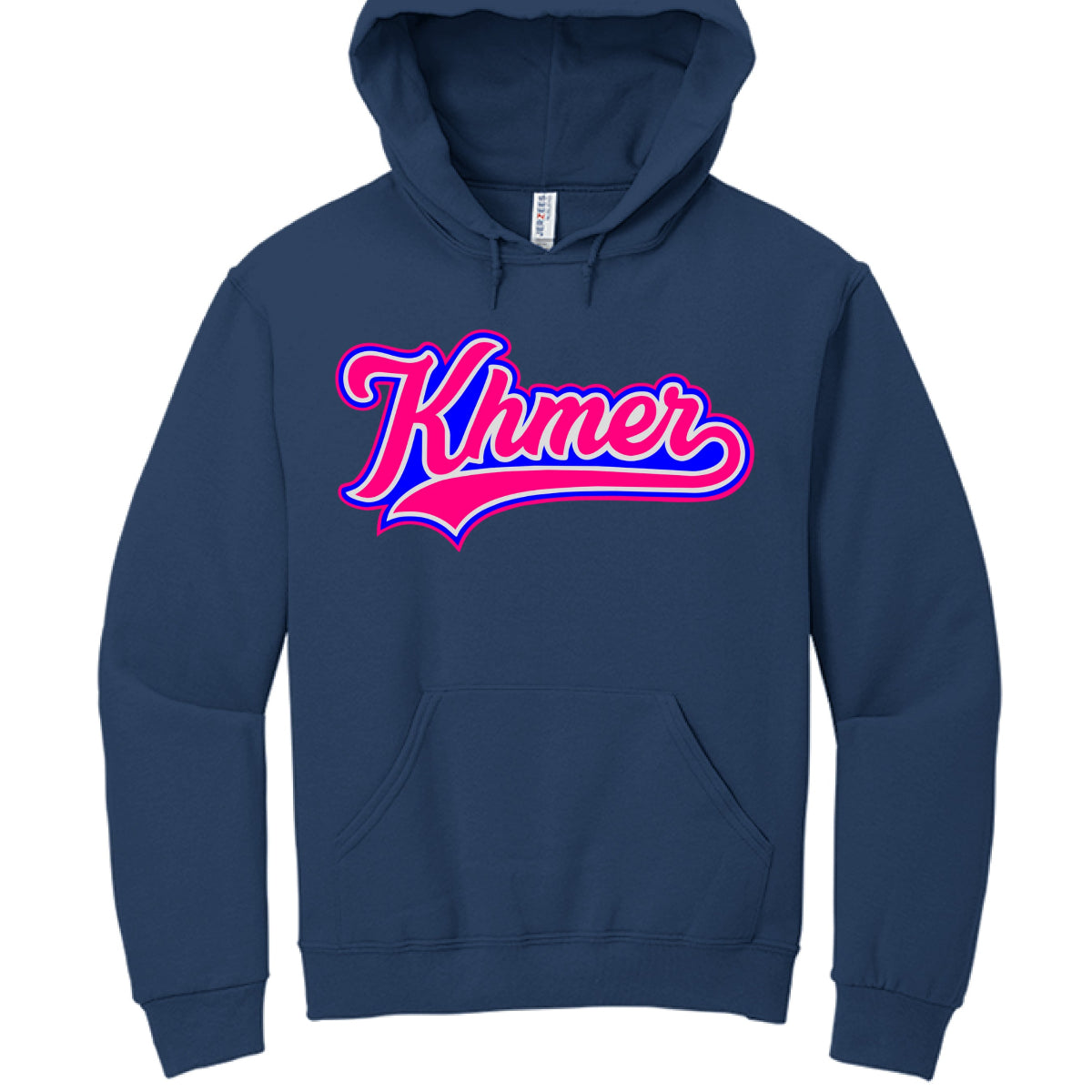 Navy blue hoodie with 'Khmer' text in pink and blue on a white background